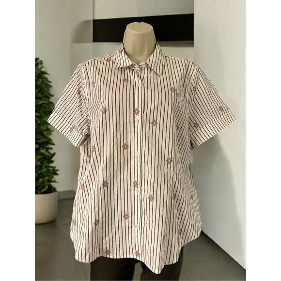Liz Claiborne Short Sleeve Button Shirt Womens Size Large White Striped Cuffed - Picture 1 of 8